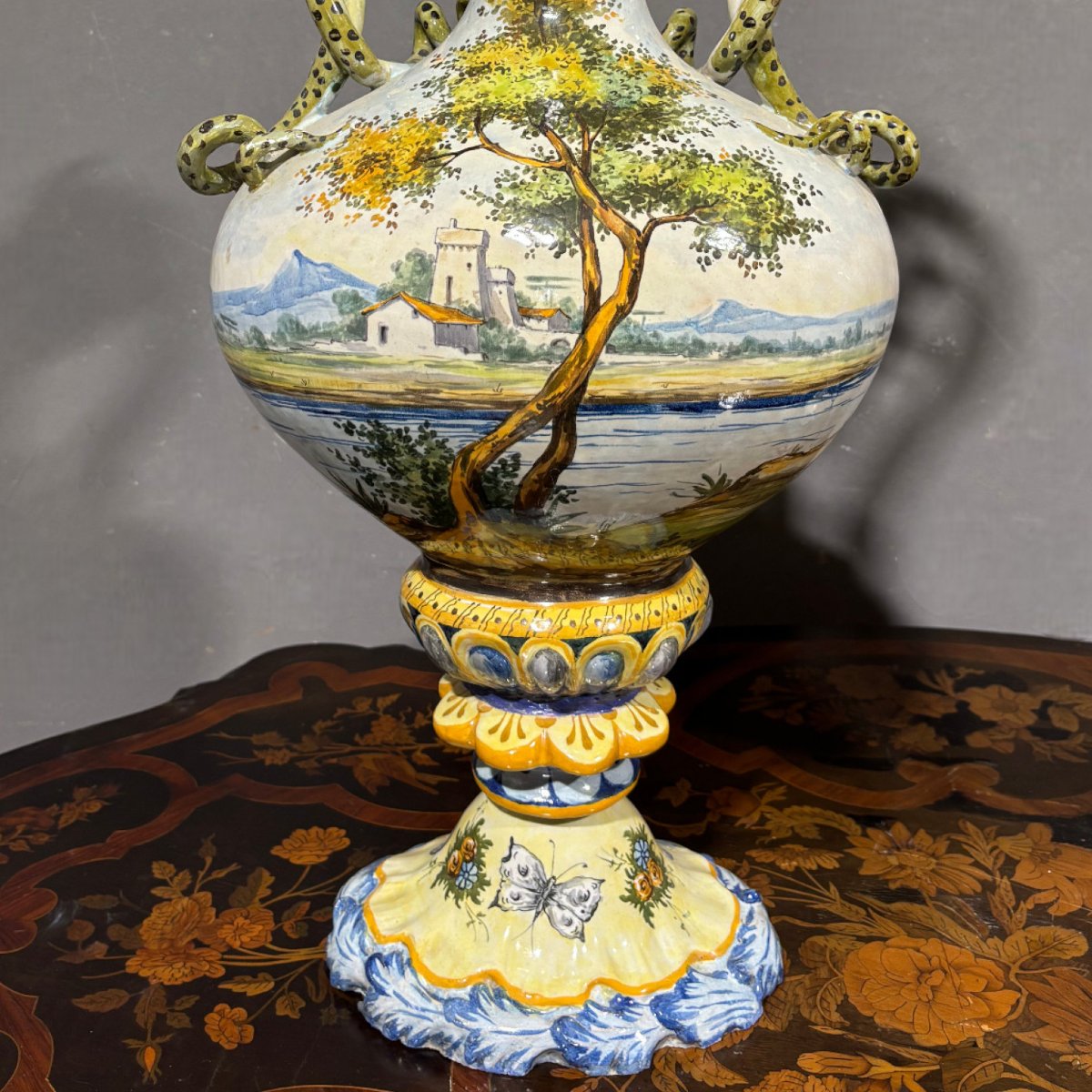 Ancient Pair Of 19th Century Majolica Amphorae-photo-3