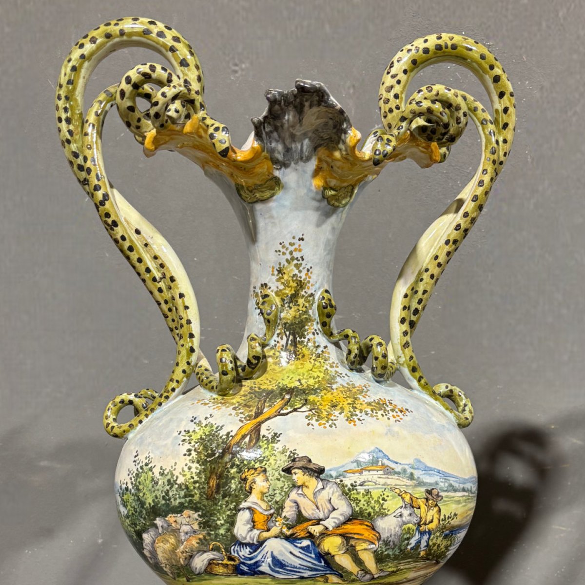 Ancient Pair Of 19th Century Majolica Amphorae-photo-4