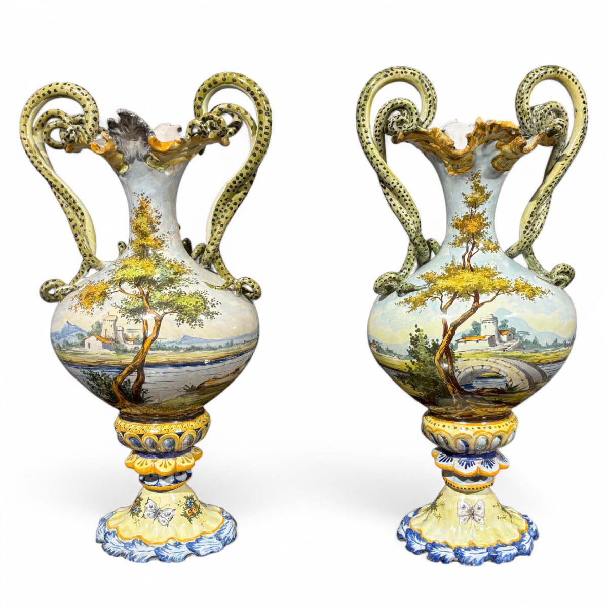 Ancient Pair Of 19th Century Majolica Amphorae