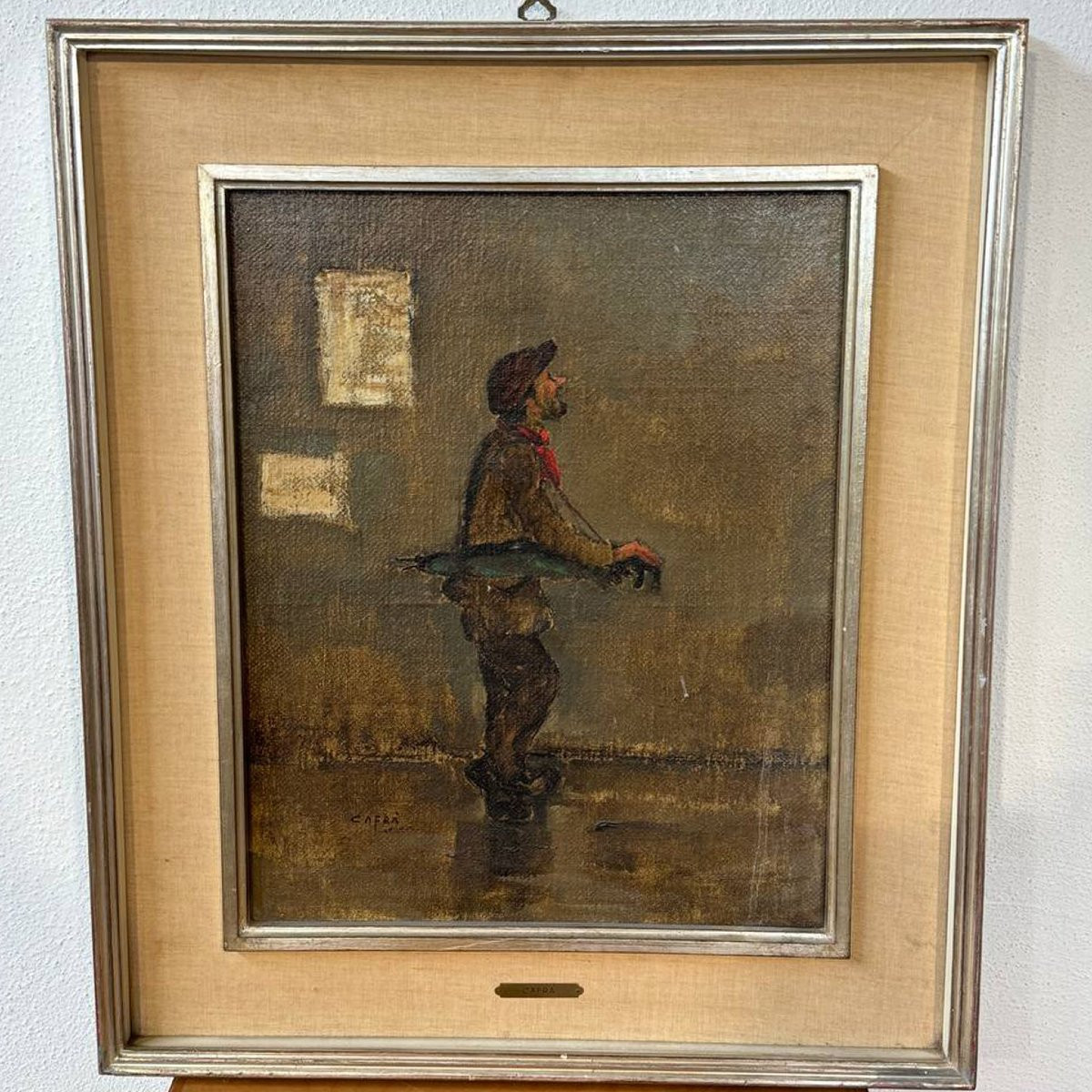 Huile sur toile signée Cafrà – L'homme sous la pluie-photo-2