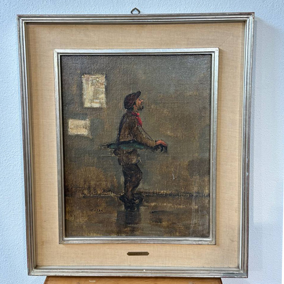 Huile sur toile signée Cafrà – L'homme sous la pluie