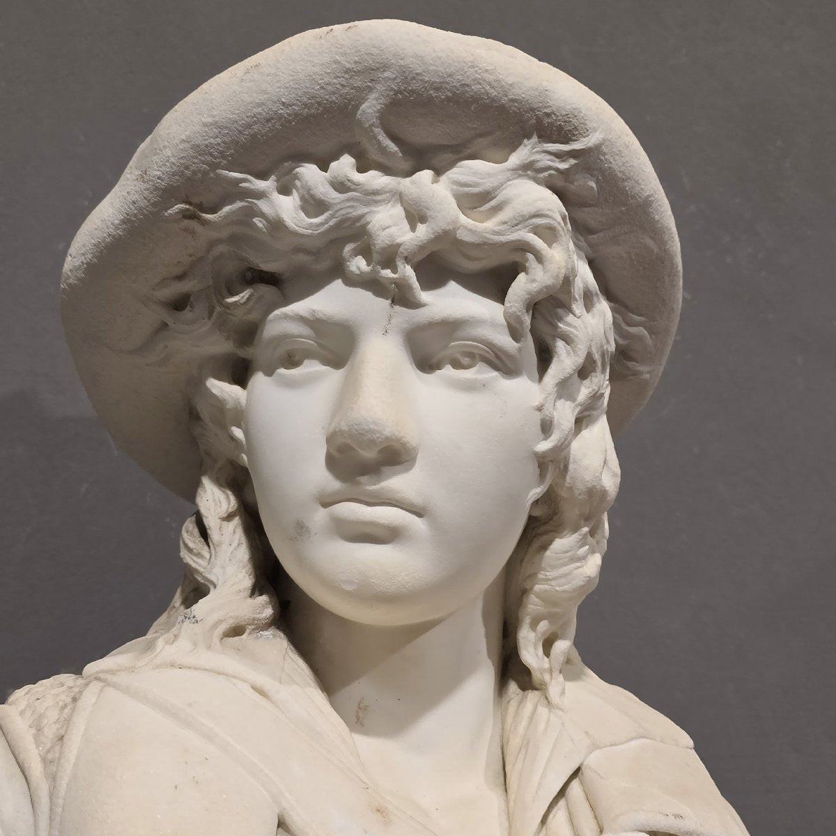 Antique White Marble Bust Of A Young Shepherd, Signed By Giuseppe Carnevale-photo-2