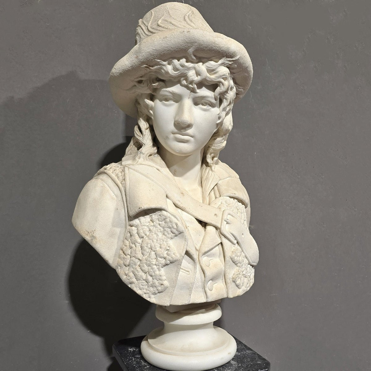 Antique White Marble Bust Of A Young Shepherd, Signed By Giuseppe Carnevale