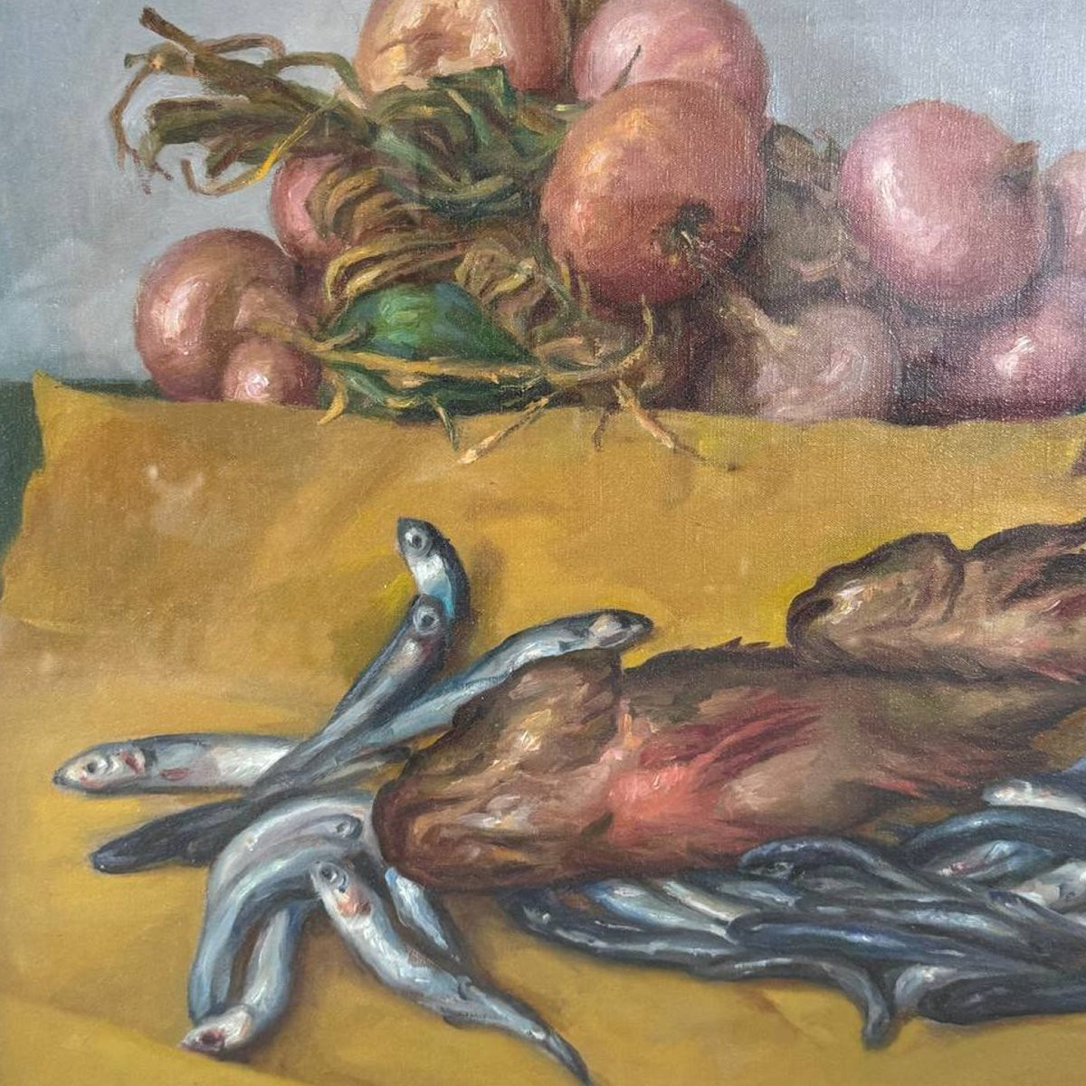 Manlio Alfieri – Peinture sur toile signée – Nature morte Scorfano et anchois-photo-3