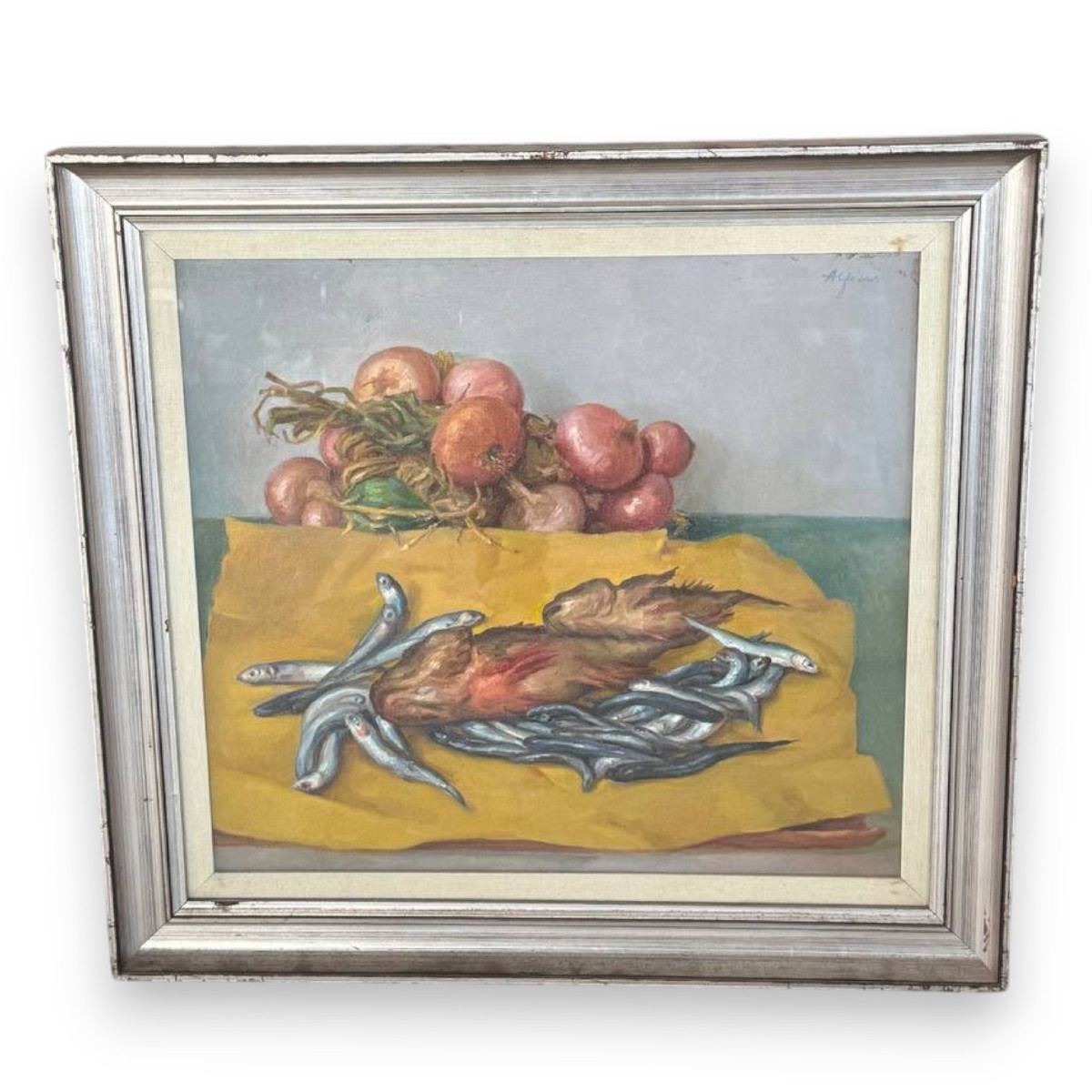 Manlio Alfieri – Peinture sur toile signée – Nature morte Scorfano et anchois