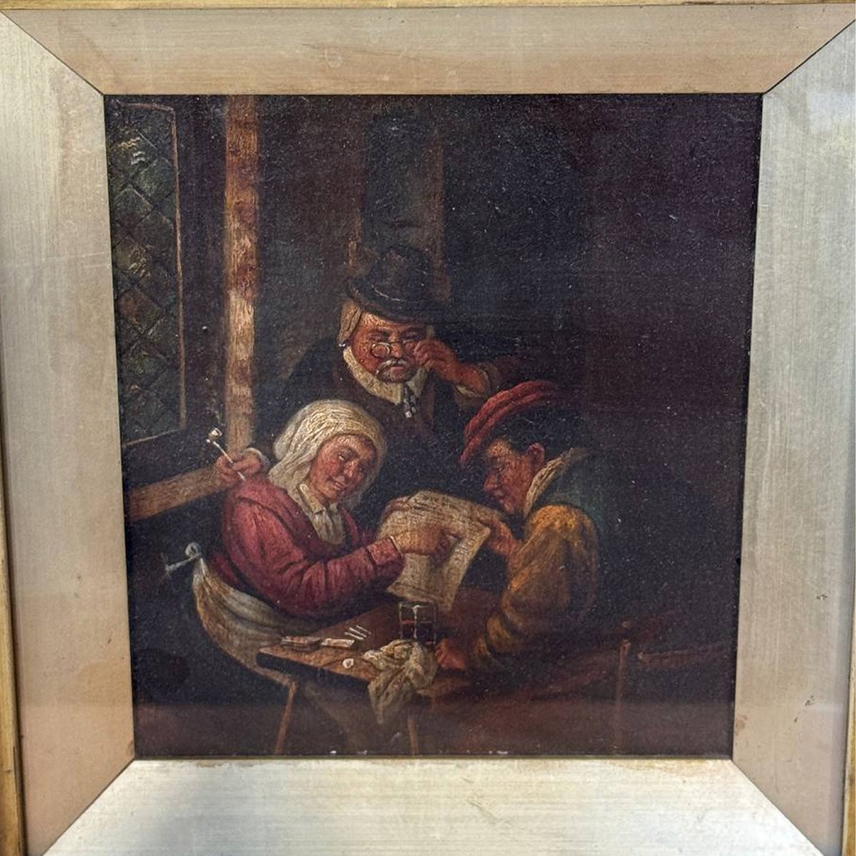 Scène d'intérieur avec personnages Atmosphère intime empreinte de goût antique huile sur bois-photo-2