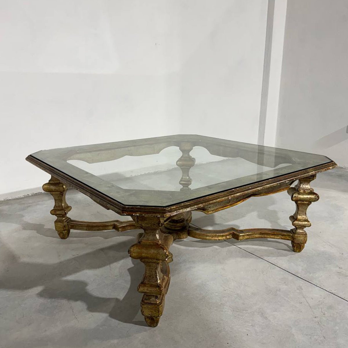 Low Coffee Table In Gilded Wood, Louis XIV Style, With A Glass Top-photo-1