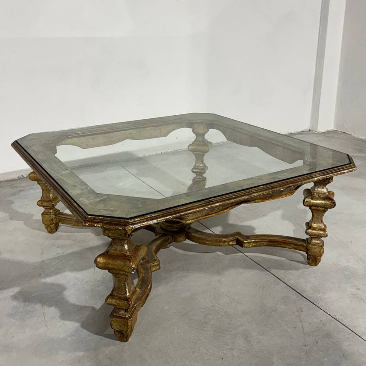 Low Coffee Table In Gilded Wood, Louis XIV Style, With A Glass Top-photo-2