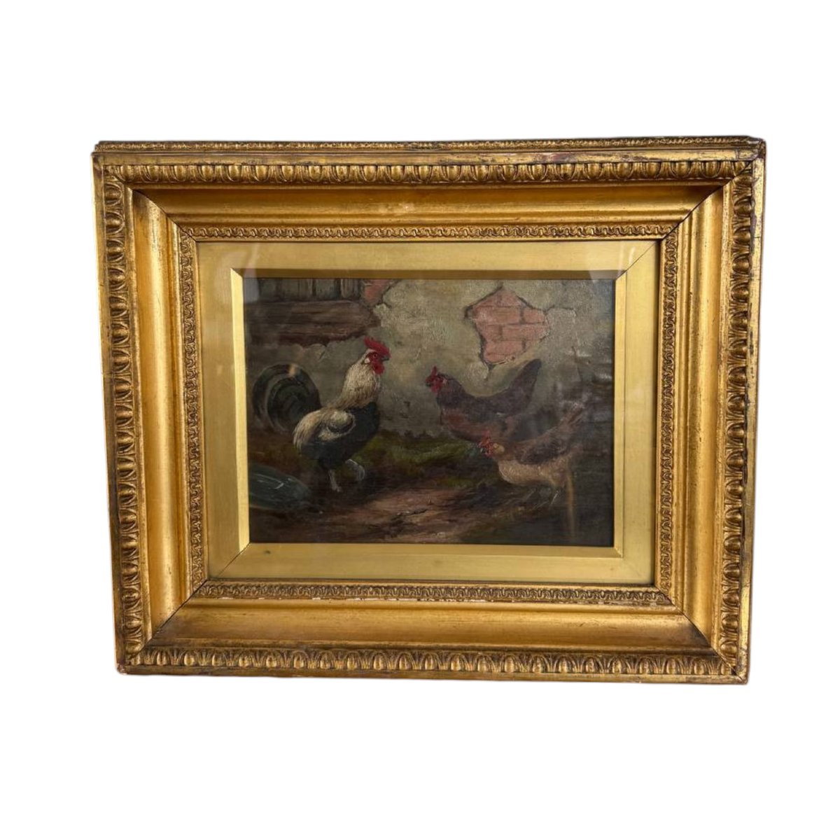 Peinture à l'huile représentant un coq et des poules, signée E. S. England – Fin du XIXe siècle-photo-1