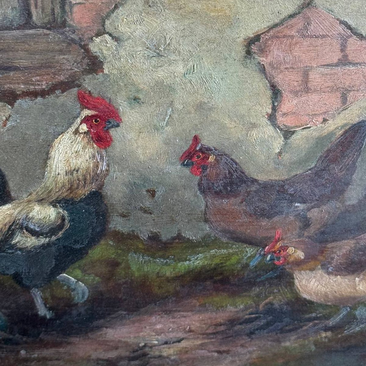 Peinture à l'huile représentant un coq et des poules, signée E. S. England – Fin du XIXe siècle-photo-3