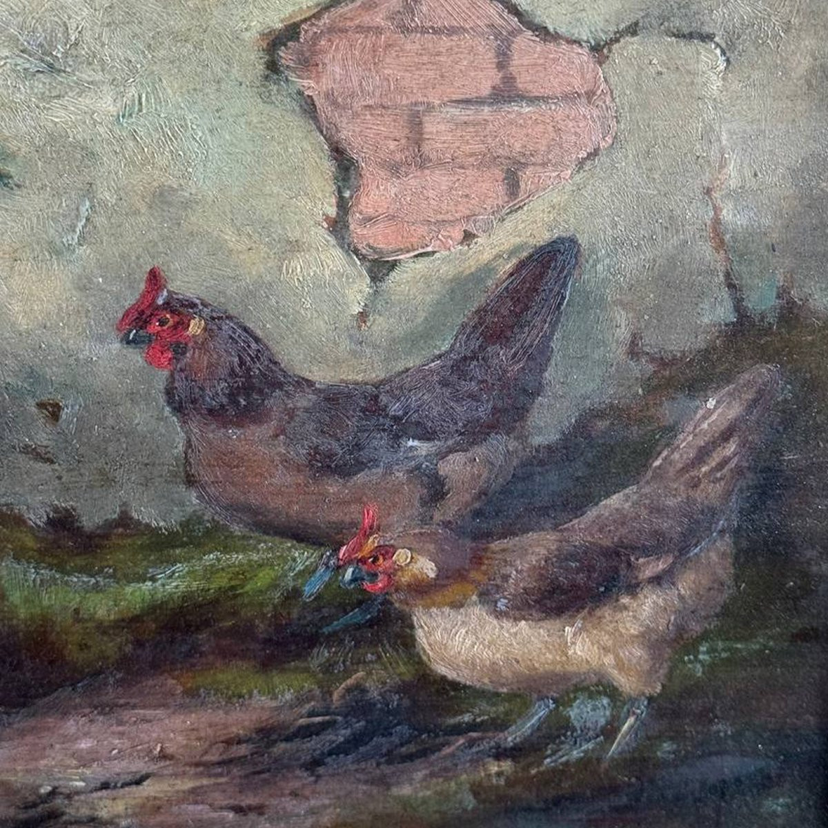 Peinture à l'huile représentant un coq et des poules, signée E. S. England – Fin du XIXe siècle-photo-4