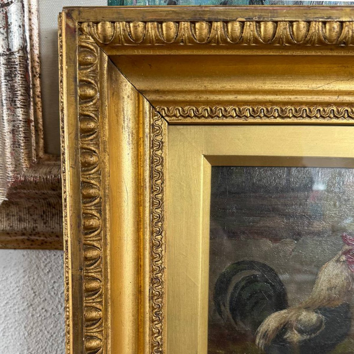 Peinture à l'huile représentant un coq et des poules, signée E. S. England – Fin du XIXe siècle-photo-5