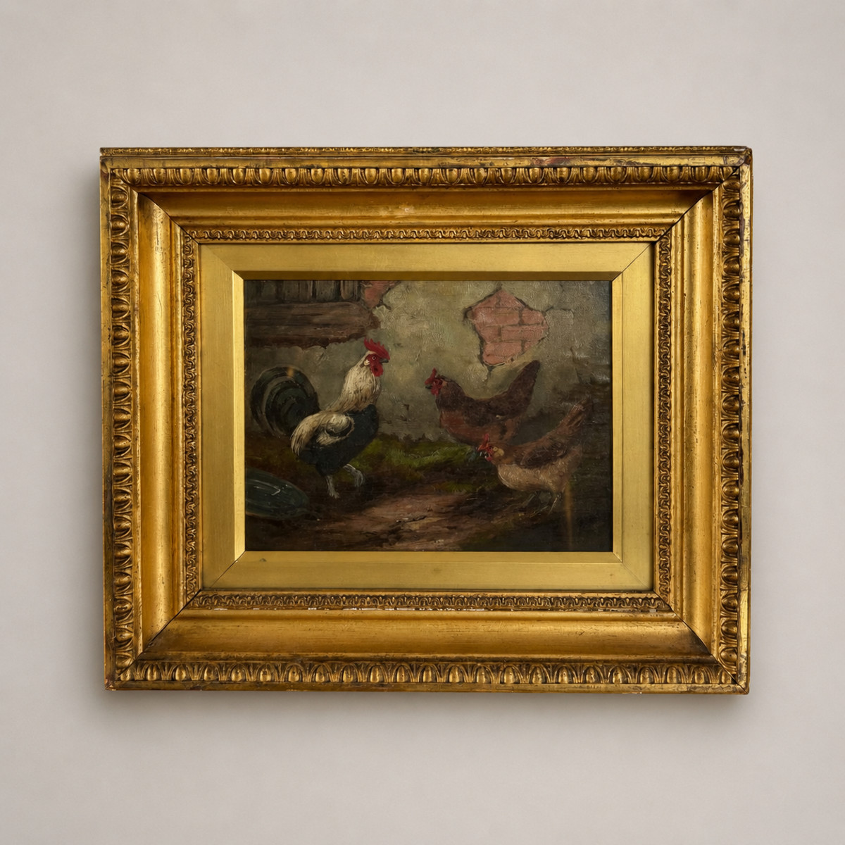 Peinture à l'huile représentant un coq et des poules, signée E. S. England – Fin du XIXe siècle