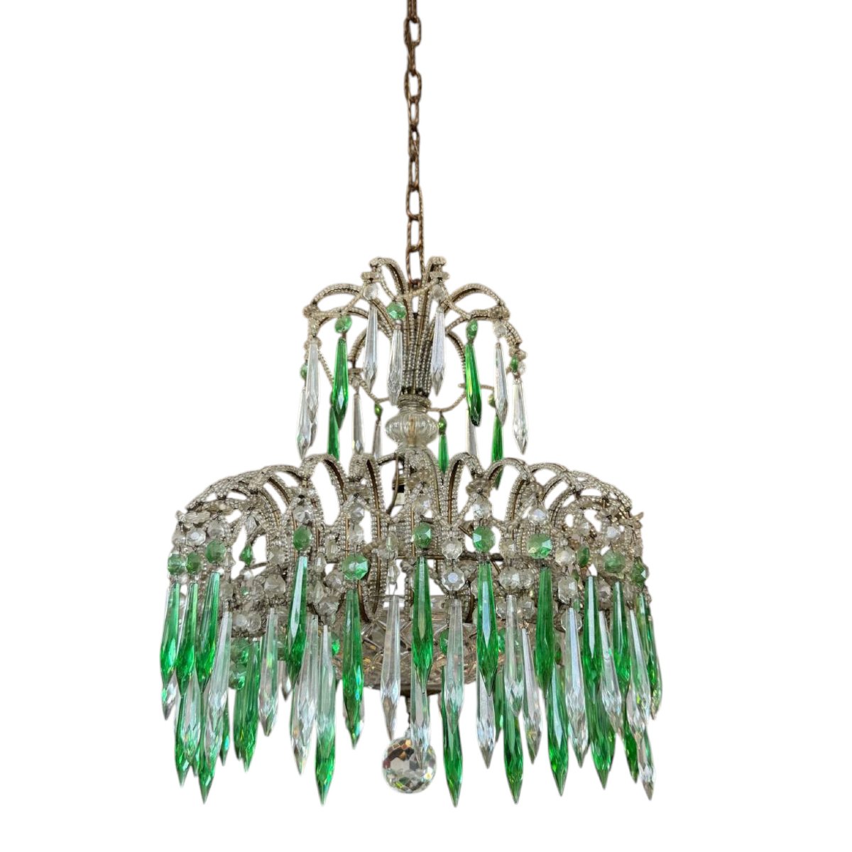 Lustre italien en cristal et pampilles vertes, années 40 / 50-photo-2