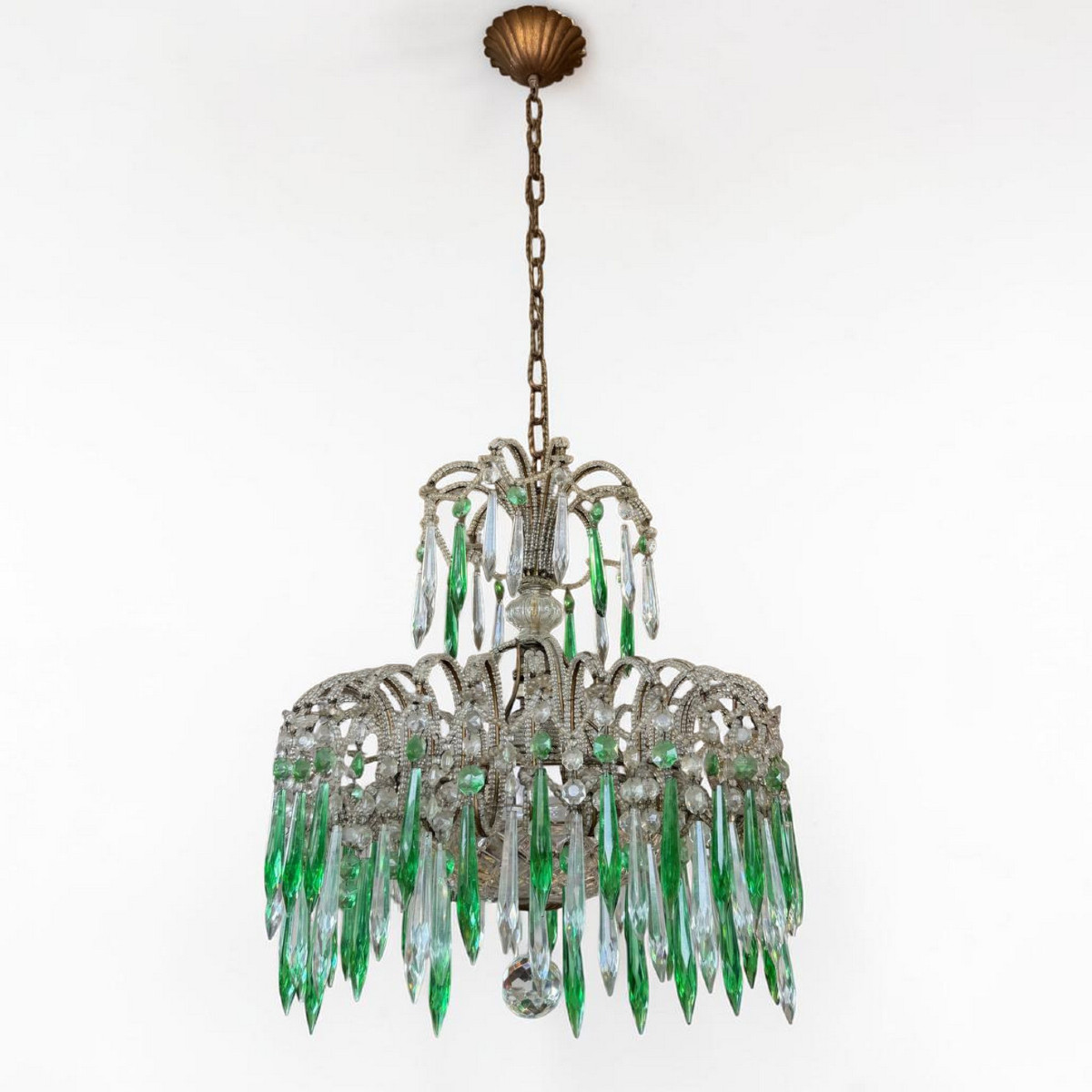 Lustre italien en cristal et pampilles vertes, années 40 / 50