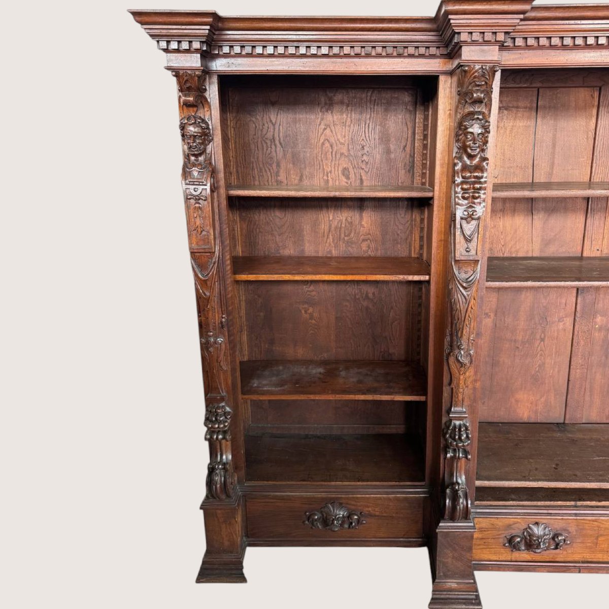 An Impressive, Monumental Bookcase In Carved Walnut, Renaissance Style, 19th Century-photo-2
