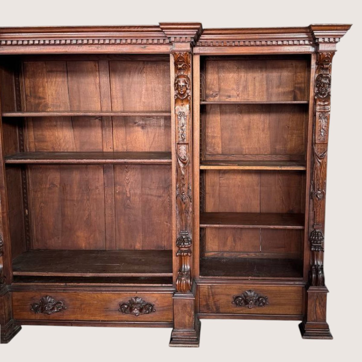 An Impressive, Monumental Bookcase In Carved Walnut, Renaissance Style, 19th Century-photo-1