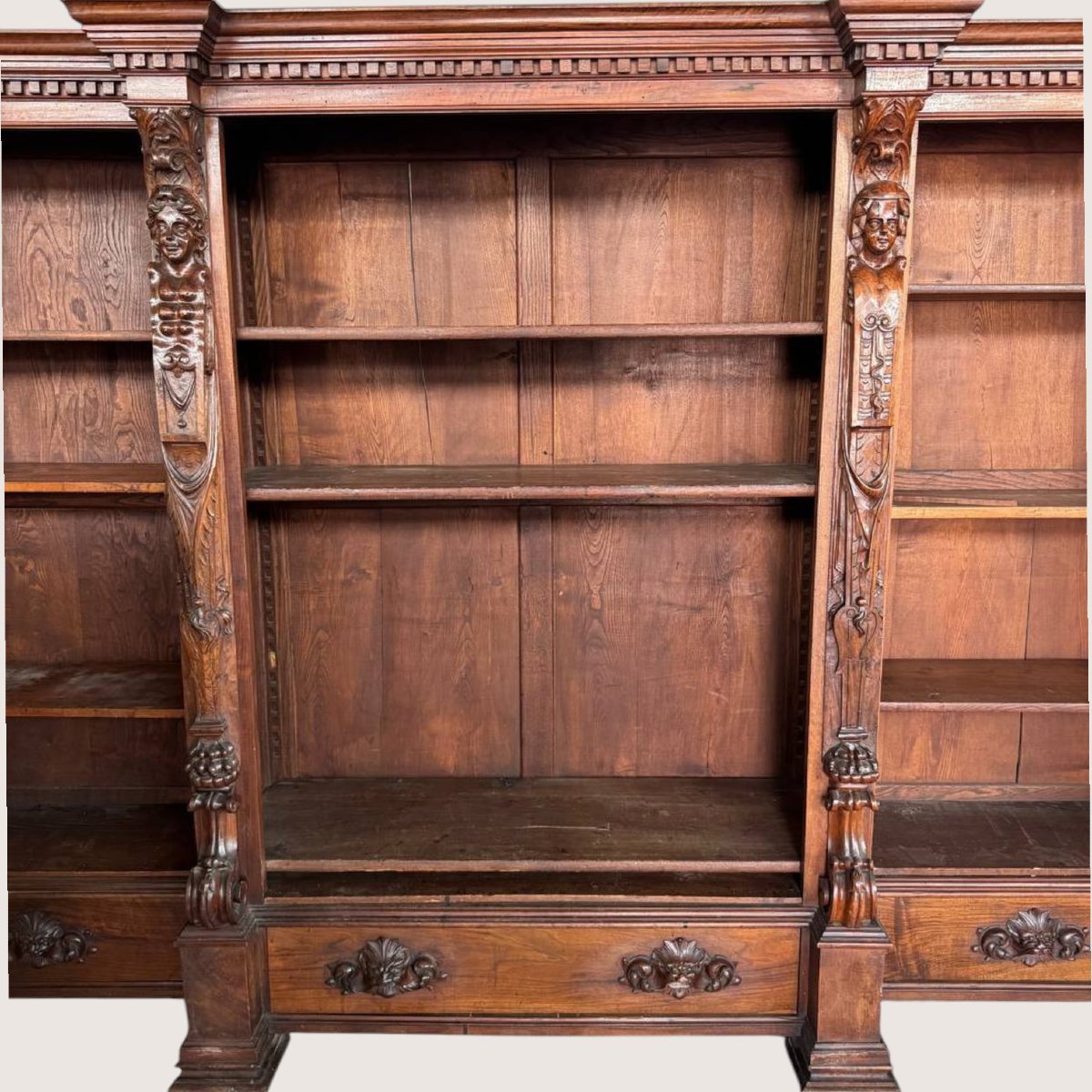 An Impressive, Monumental Bookcase In Carved Walnut, Renaissance Style, 19th Century-photo-2