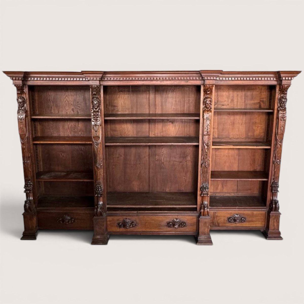 An Impressive, Monumental Bookcase In Carved Walnut, Renaissance Style, 19th Century-photo-7
