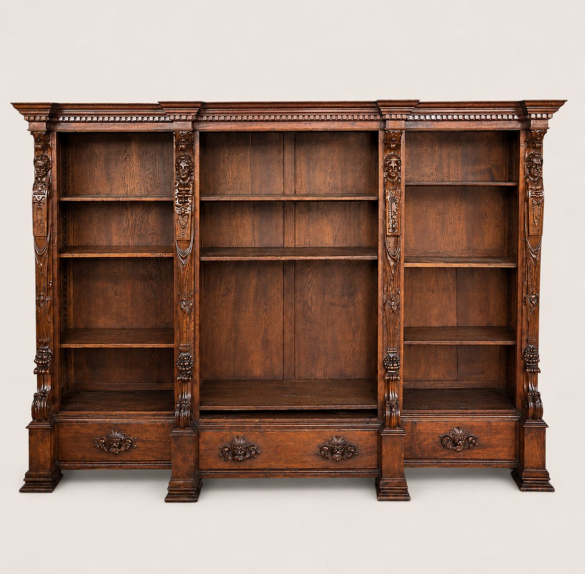 An Impressive, Monumental Bookcase In Carved Walnut, Renaissance Style, 19th Century