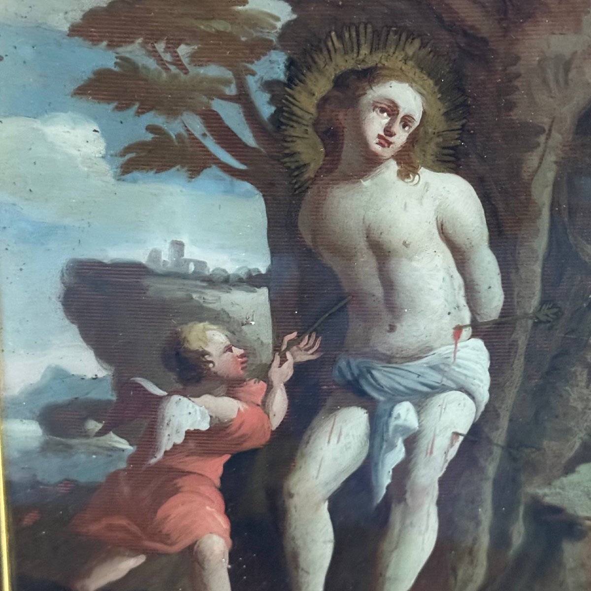 Italian School, 17th–18th Centuries – Saint Sebastian Tended By An Angel, Painting Under Glass-photo-2