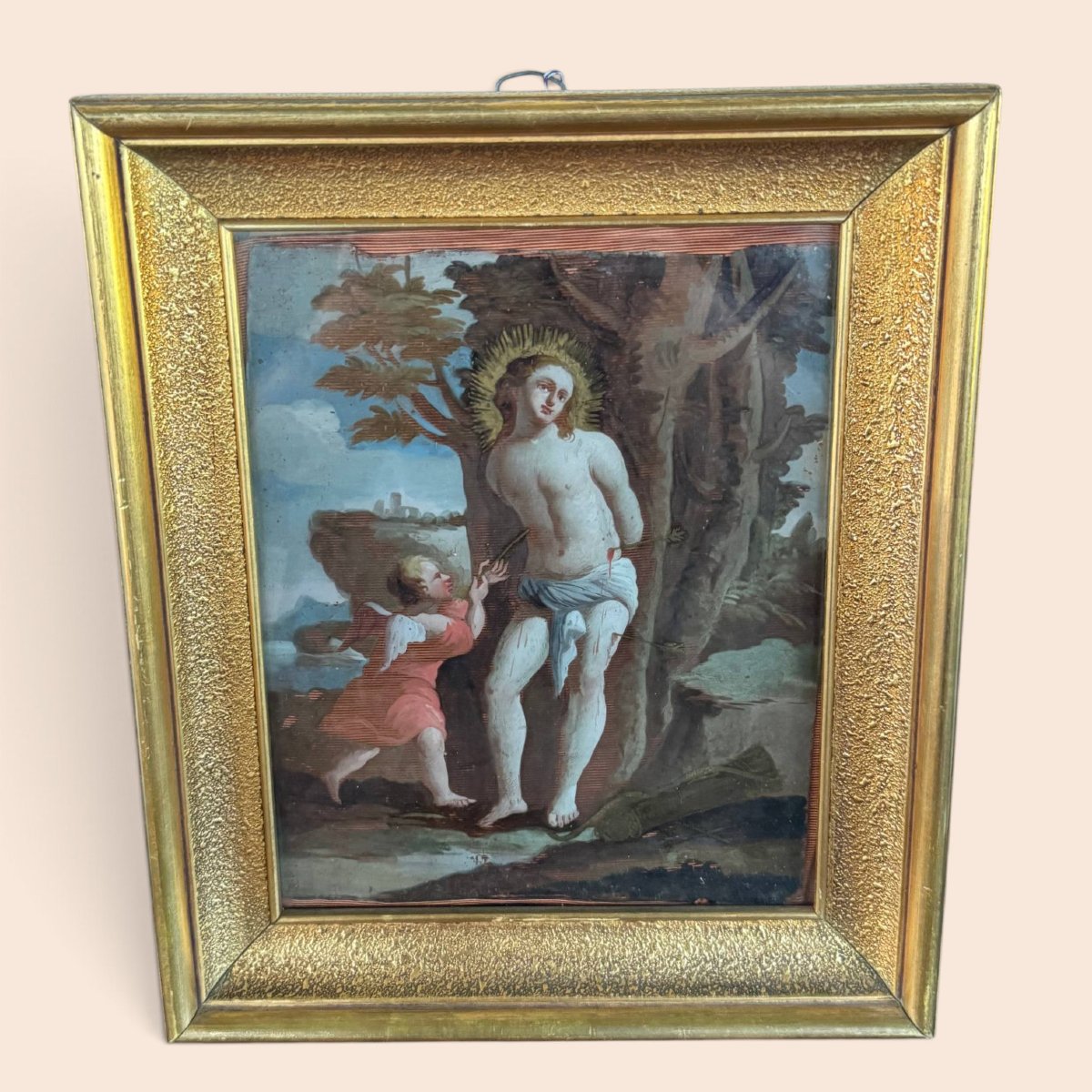 Italian School, 17th–18th Centuries – Saint Sebastian Tended By An Angel, Painting Under Glass-photo-4