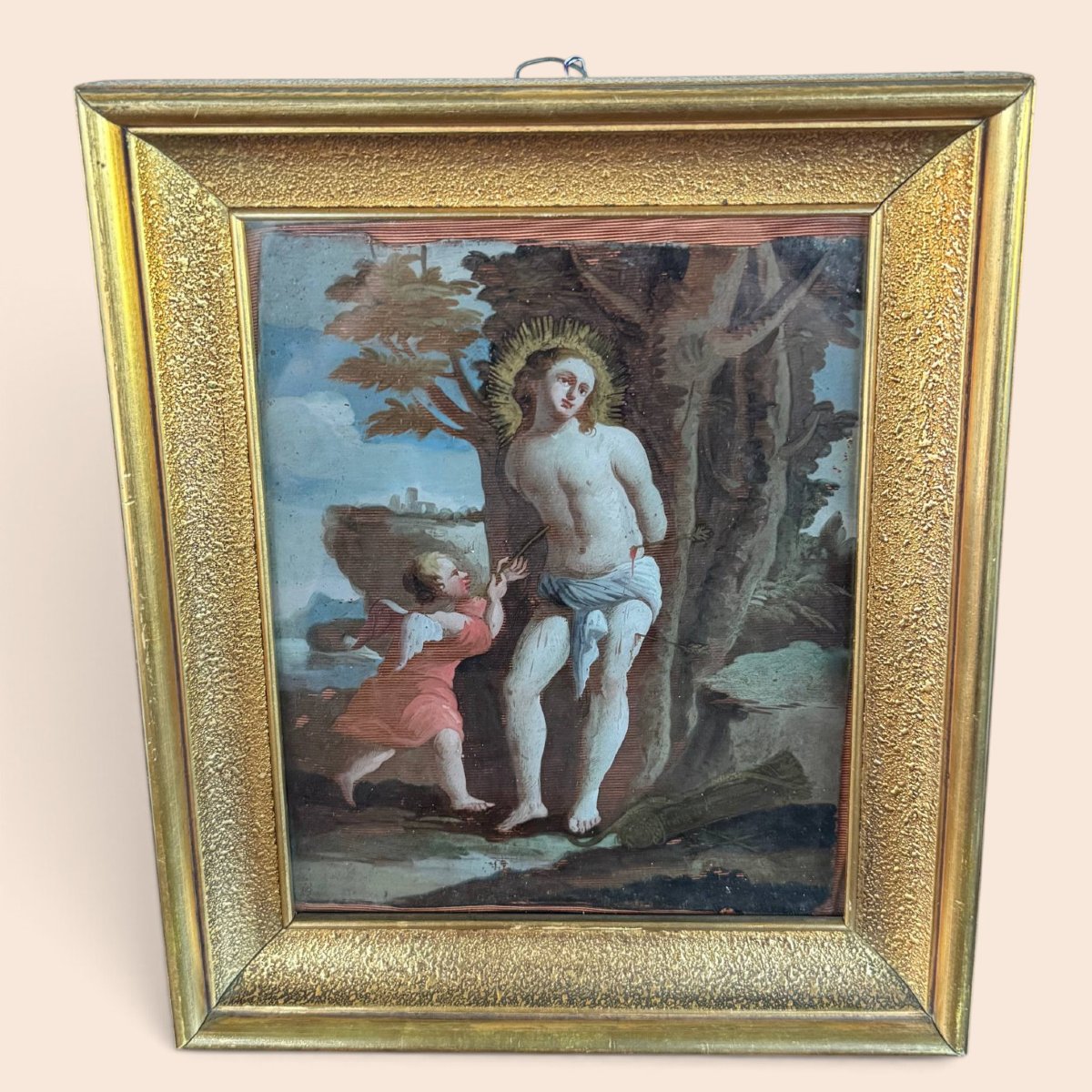 Italian School, 17th–18th Centuries – Saint Sebastian Tended By An Angel, Painting Under Glass