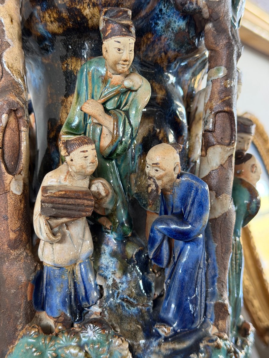 Antique Shiwan Stoneware Vase Signed "pan Ji" – Scene Of Scholars In A Landscape-photo-1