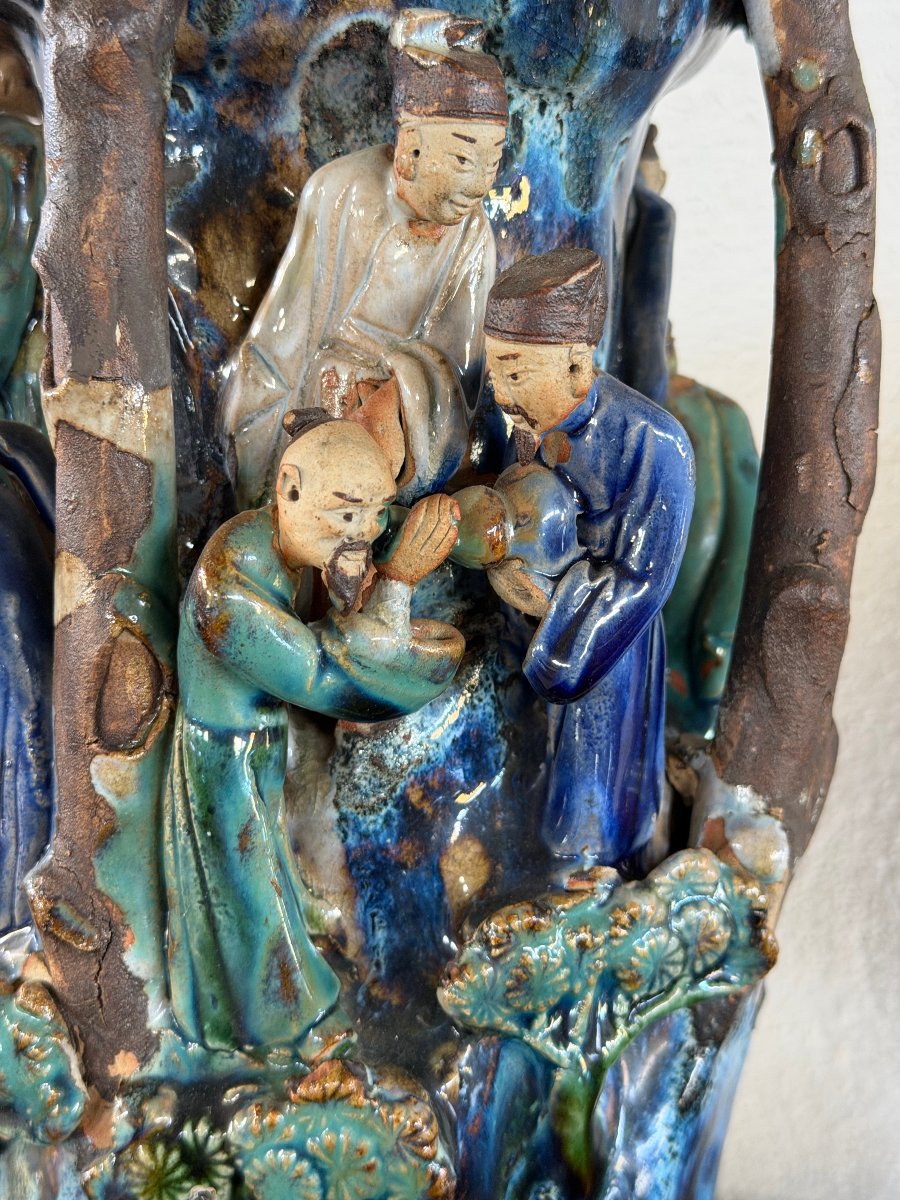 Antique Shiwan Stoneware Vase Signed "pan Ji" – Scene Of Scholars In A Landscape-photo-2