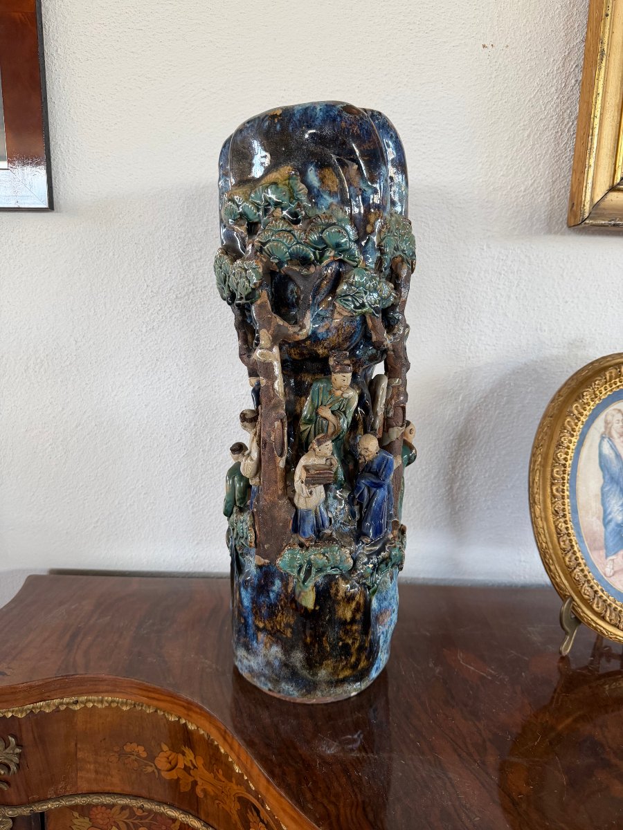 Antique Shiwan Stoneware Vase Signed "pan Ji" – Scene Of Scholars In A Landscape-photo-3