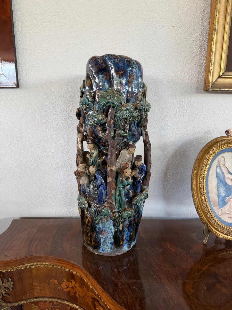 Antique Shiwan Stoneware Vase Signed "pan Ji" – Scene Of Scholars In A Landscape-photo-5
