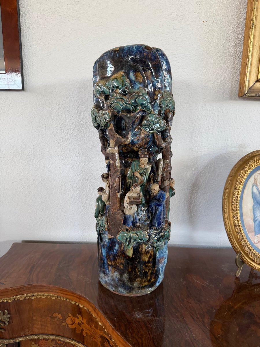 Antique Shiwan Stoneware Vase Signed "pan Ji" – Scene Of Scholars In A Landscape-photo-7