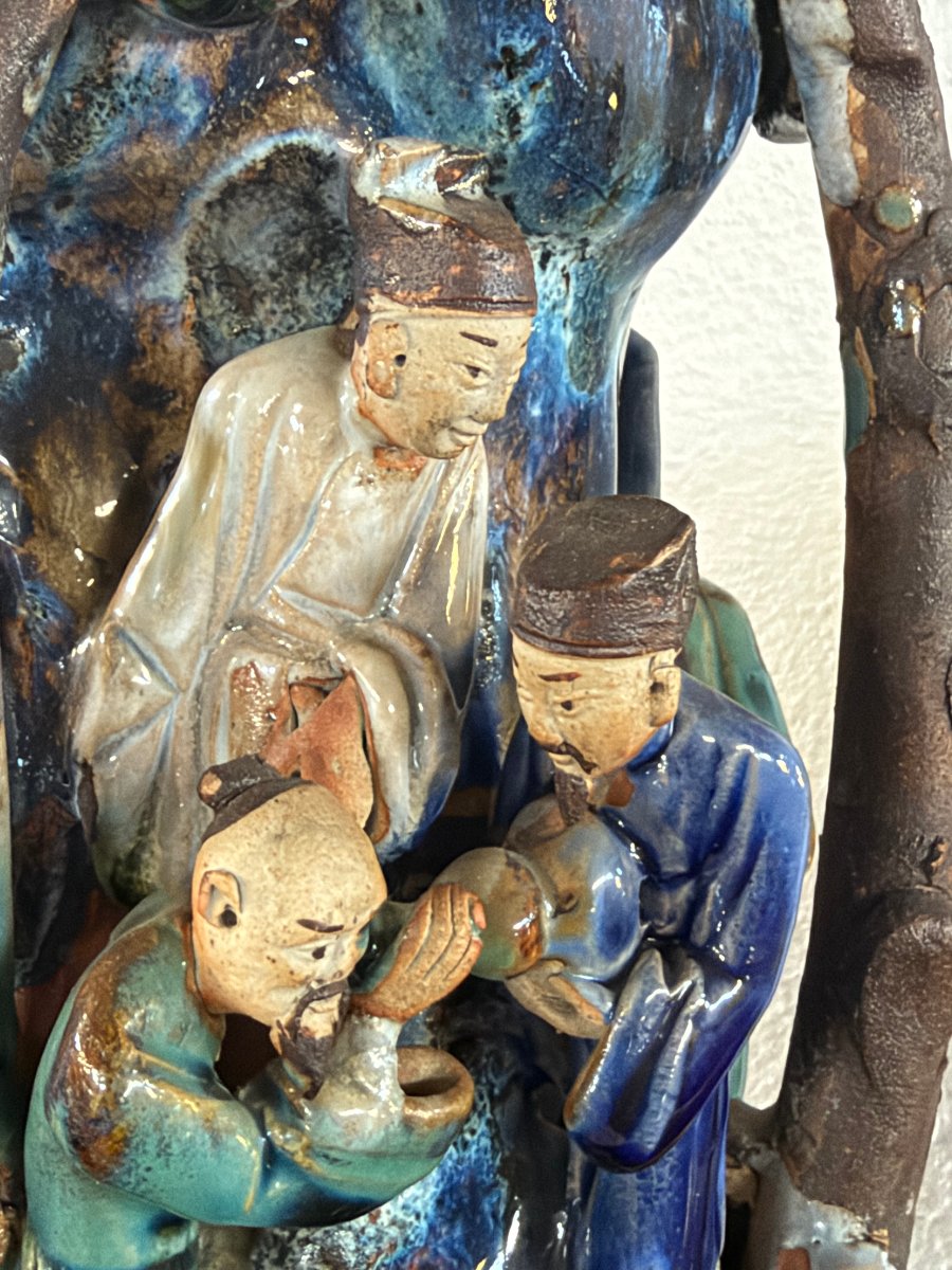 Antique Shiwan Stoneware Vase Signed "pan Ji" – Scene Of Scholars In A Landscape-photo-8