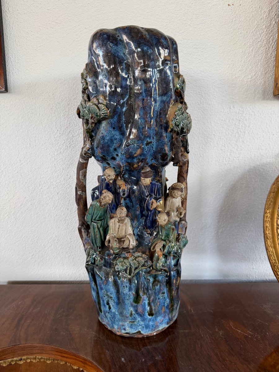 Antique Shiwan Stoneware Vase Signed "pan Ji" – Scene Of Scholars In A Landscape