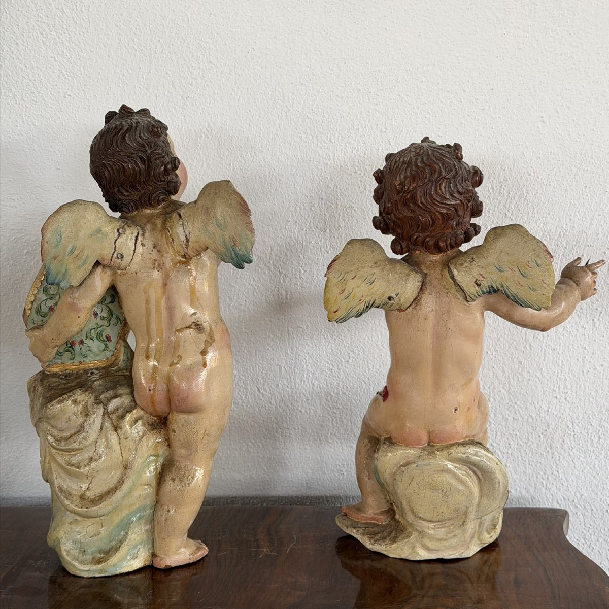 Ancienne et rare paire d'anges ailés polychromes avec mitre – Naples, XVIIIe siècle-photo-5