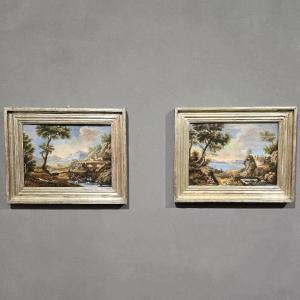 Paire De Peintures Paysage Avec Des Troupeaux