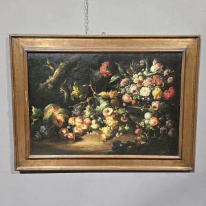 Peinture ancienne Nature morte aux fleurs et aux fruits