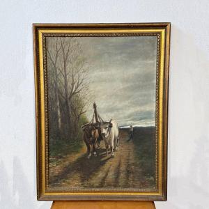 Grande peinture à l'huile représentant des bœufs en remorque
