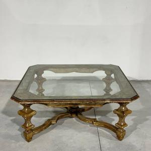 Low Coffee Table In Gilded Wood, Louis XIV Style, With A Glass Top