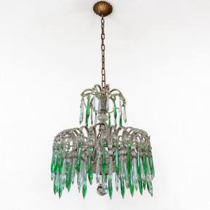 Lustre italien en cristal et pampilles vertes, années 40 / 50