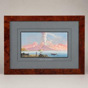 Éruption de Cendres du Vésuve – Gouache Napolitaine du XIXe Siècle