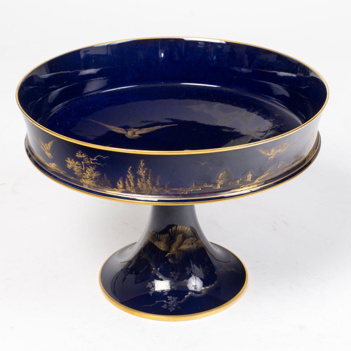 Large Footed Sèvres Porcelain Bowl With Gold Decoration On A Blue Background-photo-2