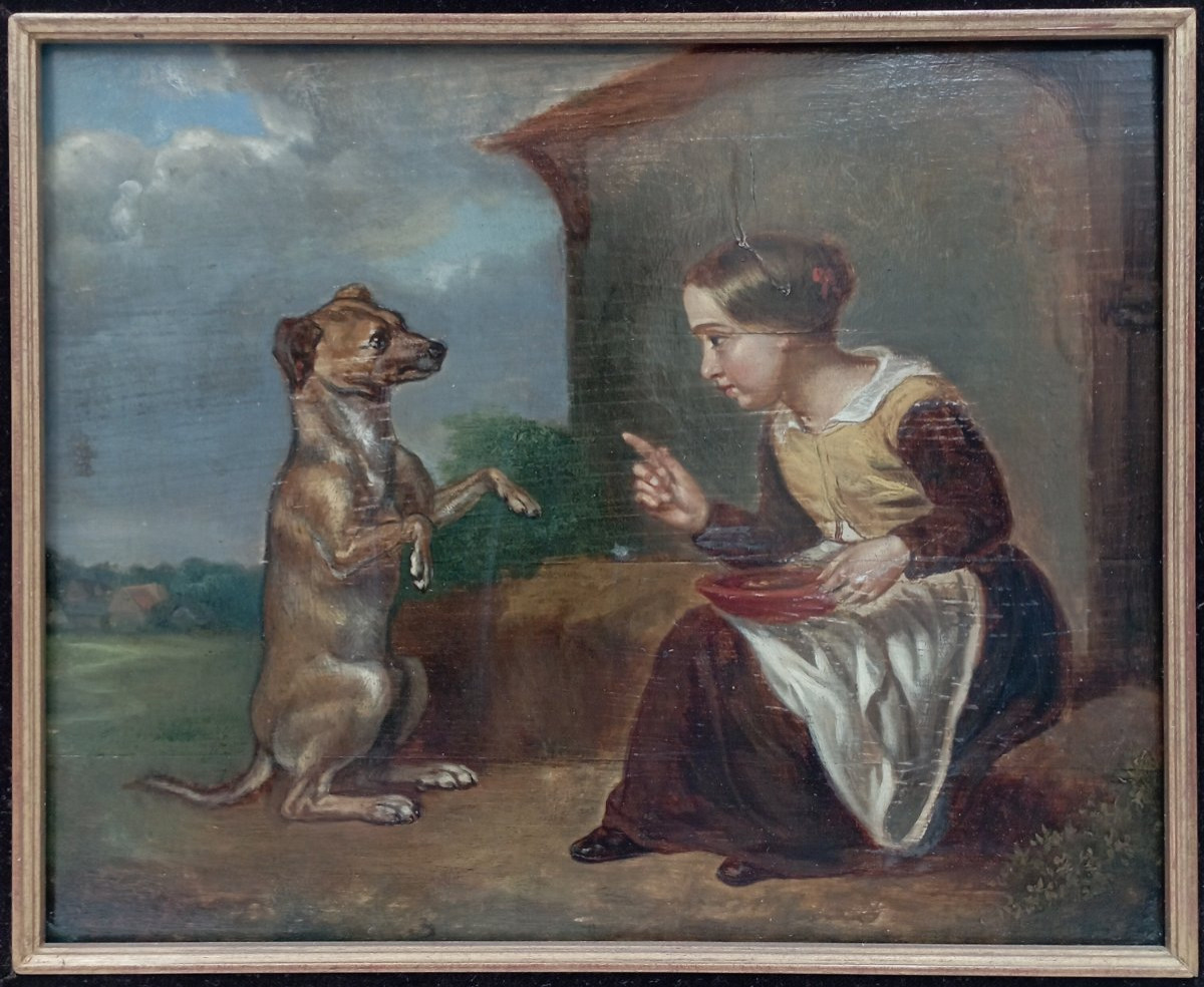 Huile sur panneau ''Le dressage du chien'' attribué à Paul Parfonry fin XIX ème siècle-photo-2