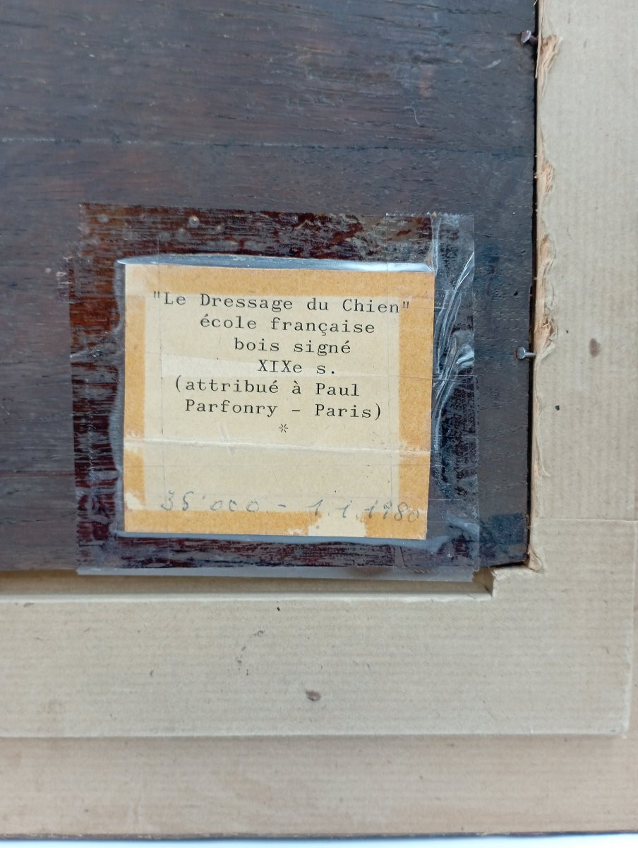 Huile sur panneau ''Le dressage du chien'' attribué à Paul Parfonry fin XIX ème siècle-photo-6