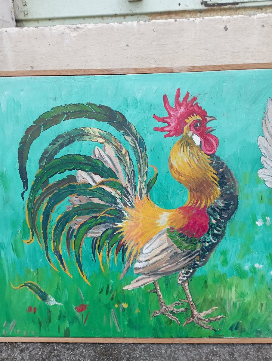 Oil On Canvas "roosters" By Pierre Thiriot-photo-2