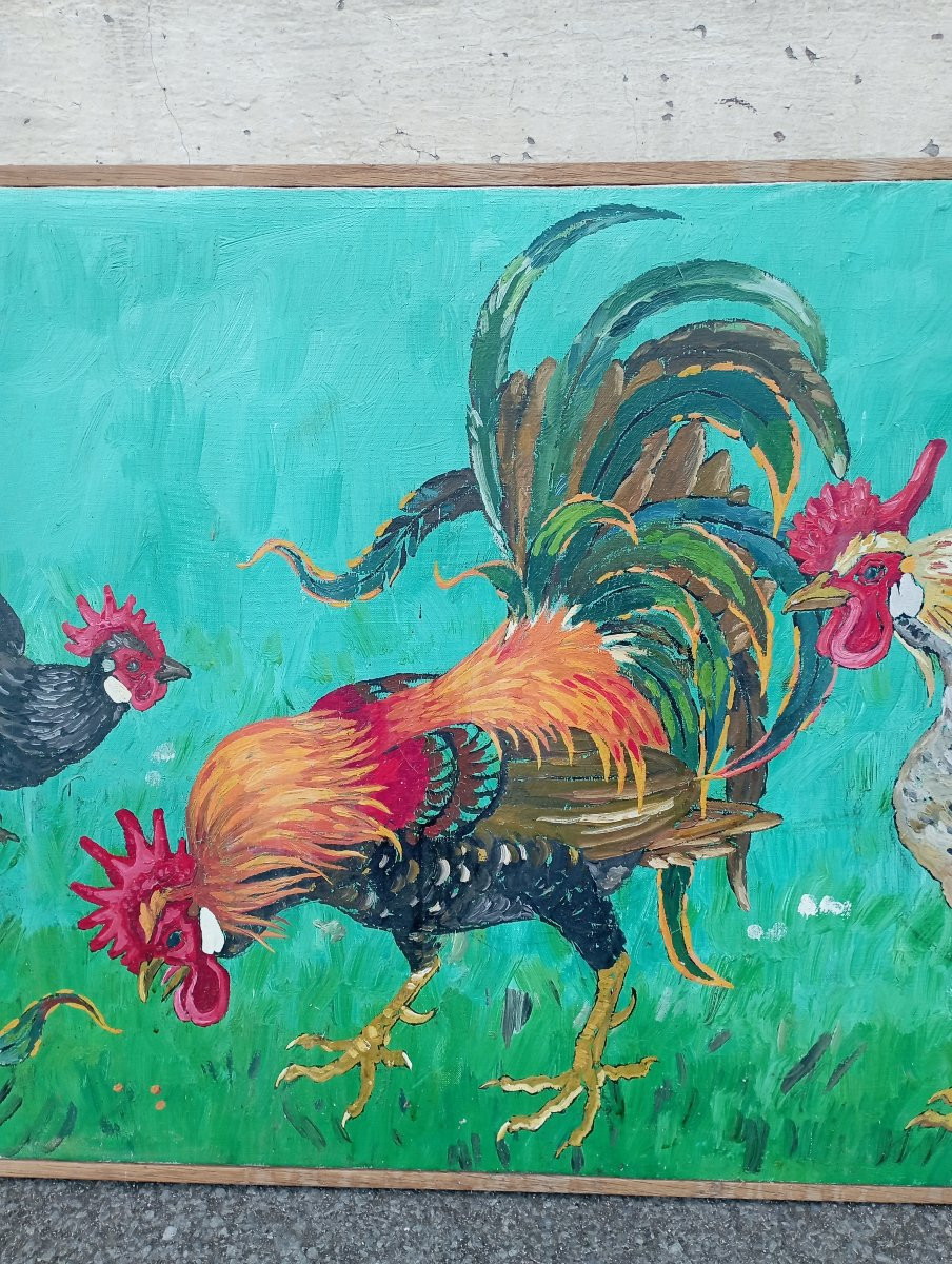 Oil On Canvas "roosters" By Pierre Thiriot-photo-4