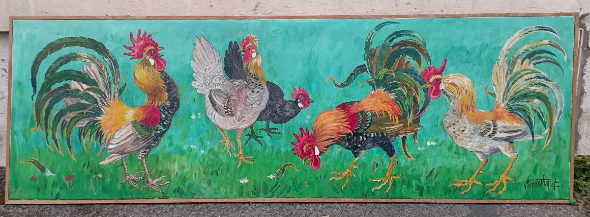 Oil On Canvas "roosters" By Pierre Thiriot