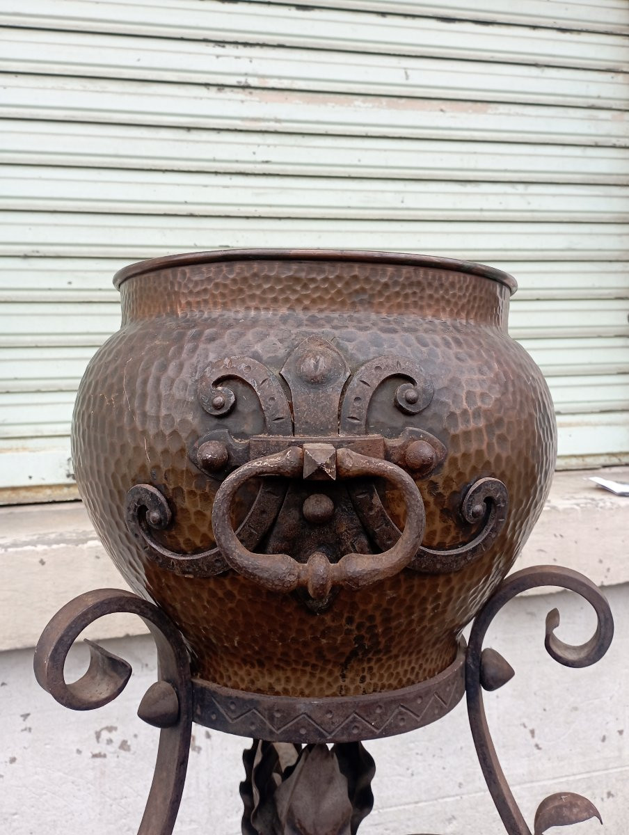 Copper Planter On Wrought Iron Base, Early 1900s-photo-4