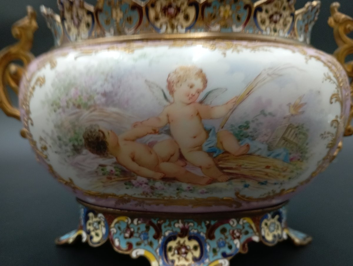 Sèvres Porcelain Jardinière Signed Poitevin And Bronze, 19th Century-photo-2