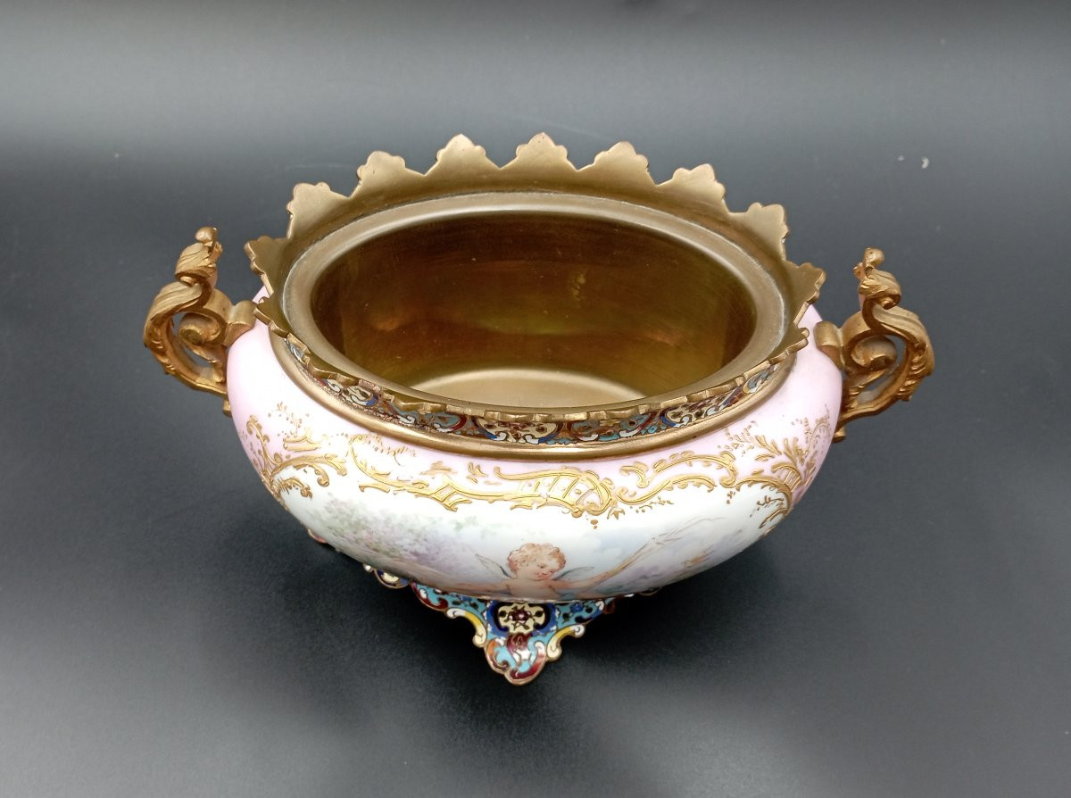 Sèvres Porcelain Jardinière Signed Poitevin And Bronze, 19th Century-photo-1